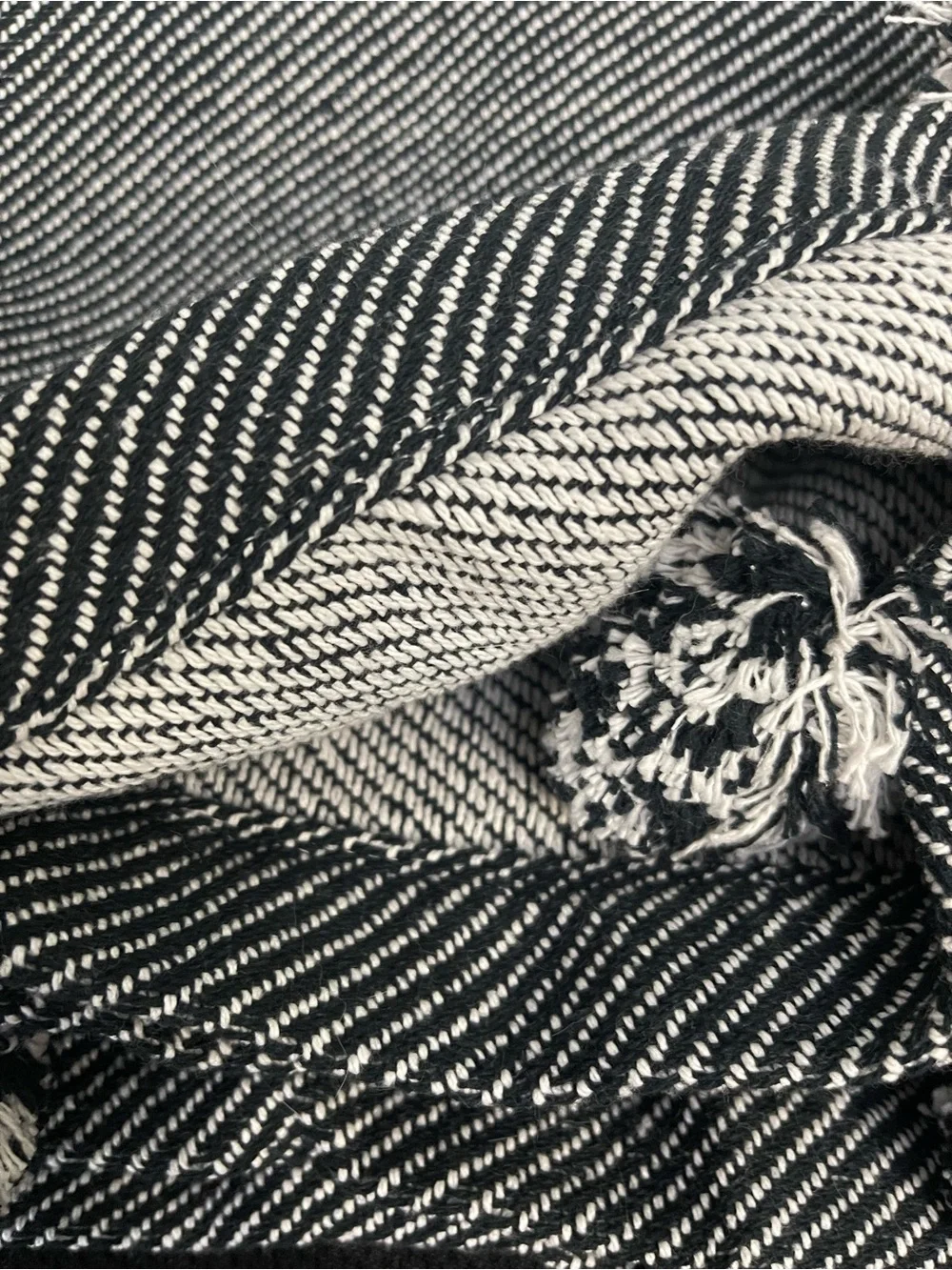Woven Throw Blanket Black Off White 100% Cotton 50”x70” Striped Pompoms Gift